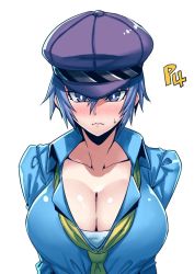 Rule 34 | 1girl, alternate breast size, blouse, blue eyes, blue hair, blue shirt, blush, breasts, cleavage, collared shirt, green necktie, hair between eyes, hat, huge breasts, megami tensei, necktie, persona, persona 4, persona 4: dancing all night, persona dancing, purple hat, shin megami tensei, shirogane naoto, shirt, short hair, simple background, solo, tagme, tukiwani, v-neck, white background