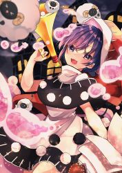 Rule 34 | 1girl, :3, :d, absurdres, black dress, book, cowboy shot, doremy sweet, dream soul, dress, hat, highres, holding, holding book, holding instrument, instrument, looking at viewer, multicolored clothes, multicolored dress, nightcap, open book, open mouth, outdoors, pom pom (clothes), purple hair, red headwear, sabatuki, sheep, short hair, sky, smile, standing, touhou, trumpet, white dress