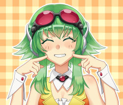Rule 34 | 1girl, ^ ^, bad id, bad pixiv id, chroma (chroma000), closed eyes, closed eyes, fingers to cheeks, goggles, goggles on head, green hair, grin, gumi, headphones, looking at viewer, red-tinted eyewear, short hair, short hair with long locks, smile, solo, tinted eyewear, vocaloid, wrist cuffs