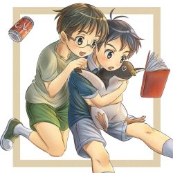 Rule 34 | 10s, 2boys, :d, animal, aoyama-kun (penguin highway), bird, black hair, blue shirt, book, brown eyes, brown hair, can, character request, child, cola, drink can, green shorts, grey shorts, hand on another&#039;s shoulder, holding, holding animal, hug, kneeling, male focus, multiple boys, open mouth, penguin, penguin highway, rua (pixiv292244), shirt, shoes, shorts, simple background, sitting, smile, sneakers, soda can