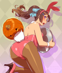 Rule 34 | 1girl, animal ears, argyle, argyle background, argyle clothes, ass, back, bare back, bare shoulders, biting, biting another&#039;s tail, blush, bow, bowtie, breasts, brown hair, detached collar, fake animal ears, female focus, from behind, fukusuke hachi-gou, hair bow, halloween, high heels, highres, huge ass, jack-o&#039;-lantern, large breasts, leotard, long hair, looking back, open mouth, original, pantyhose, pink high heels, pink leotard, playboy bunny, ponytail, purple eyes, rabbit ears, rabbit tail, shadow, shiny clothes, shiny skin, sideboob, solo, strapless, strapless leotard, tail, tray, wrist cuffs