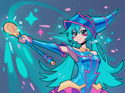 Rule 34 | 1girl, absurdres, aqua eyes, aqua hair, armpits, blush stickers, breasts, clothing cutout, commentary, cosplay, dark magician girl, dark magician girl (cosplay), detached sleeves, dress, hat, hatsune miku, highres, holding, holding wand, kaatokun, long hair, short dress, shoulder cutout, small breasts, solo, twintails, upper body, vocaloid, wand, wizard hat, yu-gi-oh!