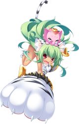Rule 34 | 1girl, animal, animal ears, animal hands, animal on head, cat ears, earrings, elephant, fang, floating hair, full body, gloves, green hair, highres, holding, holding weapon, jewelry, koihime musou, kuwada yuuki, long hair, looking at viewer, moukaku, non-web source, official art, on head, open mouth, paw gloves, paw stick, red eyes, solo, tail, transparent background, weapon