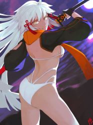 Rule 34 | 1girl, absurdres, ass, breasts, dark skin, fate/grand order, fate (series), gloves, hair ornament, highres, katana, long hair, looking at viewer, moedredd, night, okita souji (fate), okita souji alter (fate), okita souji alter (swimsuit saber) (fate), sideboob, smile, solo, swimsuit, sword, weapon, yellow eyes