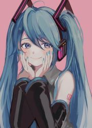 Rule 34 | 1girl, ahoge, blue eyes, blue hair, blue nails, blush, closed mouth, collared shirt, commentary, detached sleeves, fingernails, grey shirt, hair between eyes, hands up, hatsune miku, highres, long hair, long sleeves, looking at viewer, nail polish, p2 (uxjzz), pink background, shirt, shoulder tattoo, simple background, smile, solo, symbol-only commentary, tattoo, twintails, upper body, vocaloid, wing collar