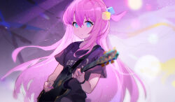 Rule 34 | 1girl, black shirt, blue eyes, bocchi the rock!, bracelet, chinese commentary, closed mouth, commentary request, cube hair ornament, floating hair, gotoh hitori, guitar, hair between eyes, hair ornament, highres, holding, holding instrument, holding plectrum, instrument, jewelry, kessoku band logo, kessoku band t-shirt, kuhnowushi, light particles, long hair, looking at viewer, music, one side up, playing instrument, plectrum, pout, shirt, short sleeves, sidelocks, solo, stage lights, t-shirt, upper body, very long hair