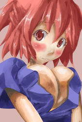 Rule 34 | 1girl, blush, breasts squeezed together, breasts, cleavage, female focus, huge breasts, onozuka komachi, red eyes, red hair, short hair, solo, touhou, upper body, yohane