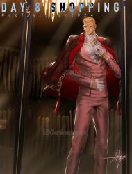 1boy 2024 artist_name blonde_hair brown_jacket chandelier clothes_shop donquixote_doflamingo earrings english_text feet_out_of_frame formal gloves indoors inktober jacket jacket_on_shoulders jewelry knimagna looking_at_mirror male_focus mirror necklace one_piece open_mouth pants pink_pants pink_suit shop short_hair signature suit sunglasses sweater tassel turtleneck turtleneck_sweater white_gloves white_sweater