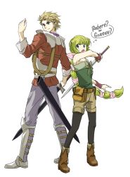 Rule 34 | 1boy, 1girl, blonde hair, breasts, commentary request, gustave xiii, long hair, messy hair, saga, saga frontier 2, short hair, spiked hair, sword, time paradox, virginia knights, weapon