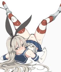 Rule 34 | 10s, 1girl, bad id, bad pixiv id, black panties, blonde hair, blush, elbow gloves, flat chest, gloves, hairband, highleg, highleg panties, kantai collection, legs up, long hair, looking at viewer, lying, mx2j, navel, on back, panties, sailor collar, shimakaze (kancolle), skirt, solo, striped clothes, striped thighhighs, thighhighs, thighs, underwear, white gloves