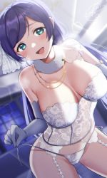 Rule 34 | 1girl, absurdres, bare shoulders, breasts, brooch, cameltoe, cleavage, corset, couch, elbow gloves, fur collar, garter straps, gloves, highres, indoors, jewelry, kazepana, lace, lace panties, large breasts, light particles, lingerie, long hair, love live!, love live! school idol project, low twintails, night, panties, pearl, purple hair, side-tie panties, signature, string panties, tojo nozomi, twintails, underwear, untied panties, white gloves, white panties, window