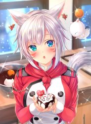 Rule 34 | 10s, animal ears, bad id, bad pixiv id, blue eyes, cat ears, cat tail, earrings, facial mark, final fantasy, final fantasy xiv, highres, jewelry, looking at viewer, miqo&#039;te, moogle, short hair, silver hair, slit pupils, tail, tiphereth, valentine, warrior of light (ff14)