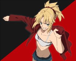 Rule 34 | 1girl, blonde hair, breasts, chietori, dressing, fate/apocrypha, fate (series), green eyes, groin, long hair, mordred (fate), mordred (fate/apocrypha), mordred (memories at trifas) (fate), multicolored background, navel, ponytail, scrunchie, small breasts, smile, smirk, solo