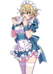 Rule 34 | 1girl, absurdres, alternate costume, apron, blonde hair, blue dress, blue eyes, braid, braided bun, breasts, covering own mouth, cup, darjeeling (girls und panzer), dress, enmaided, frilled dress, frills, girls und panzer, hair bun, hand over own mouth, highres, holding, holding cup, maid, maid apron, maid headdress, medium breasts, puffy short sleeves, puffy sleeves, short dress, short sleeves, simple background, skindentation, solo, teacup, thighhighs, thighs, white background, white thighhighs, yamashita shun&#039;ya, zettai ryouiki