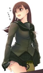 Rule 34 | 1girl, breasts, brown eyes, brown hair, cowboy shot, cup, fang, female focus, from below, green neckerchief, green serafuku, green skirt, kantai collection, long hair, long sleeves, looking back, looking to the side, medium breasts, neck, neckerchief, ooi (kancolle), panties, panty pull, pleated skirt, pulled by self, santa (sunflower), school uniform, serafuku, shaded face, simple background, skirt, solo, standing, translation request, underwear, white background, white panties, yunomi