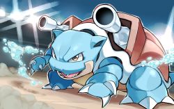 Rule 34 | blastoise, brown eyes, claws, commentary request, creatures (company), game freak, gen 1 pokemon, hunched over, hyou (hyouga617), light, nintendo, no humans, open mouth, outline, pokemon, pokemon (creature), sharp teeth, smoke, solo, stadium, teeth, tongue, water