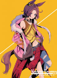 Rule 34 | 1girl, absurdres, animal ears, belt, blue eyes, brown hair, clothes around waist, copyright name, denim, feet out of frame, fur trim, hair between eyes, hands in pockets, highres, horse ears, horse girl, horse tail, huge filesize, jacket, jeans, long sleeves, narita taishin (umamusume), navel, open clothes, open jacket, pants, parted lips, pink jacket, plaid, plaid shirt, shadow, shirt, shirt around waist, short hair, solo, tail, tank top, tied shirt, torn clothes, torn jeans, torn pants, umamusume, yellow tank top, yu yin