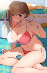 Rule 34 | 1girl, absurdres, ball, beachball, bikini, blush, breasts, brown eyes, brown hair, collarbone, highres, large breasts, looking at viewer, lotion, mole, mole under eye, navel, ol-chan (udon), original, revision, side-tie bikini bottom, sitting, solo, sunscreen, sweat, swimsuit, thighs, udon (udonalium)