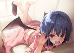 Rule 34 | 1girl, barefoot, bat wings, blue hair, blush, claw pose, couch, eyebrows, fang, feet, high heels, indoors, looking at viewer, lying, no headwear, no headwear, on stomach, open mouth, oukatihiro, pink skirt, puffy short sleeves, puffy sleeves, red eyes, red footwear, remilia scarlet, shoe dangle, shoes, short sleeves, single shoe, skirt, smile, soles, solo, the pose, touhou, wings