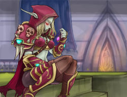 Rule 34 | armor, between breasts, bikini armor, blonde hair, blue skin, boots, breasts, cape, cloak, colored skin, elf, gauntlets, glowing, glowing eyes, hood, jewelry, midriff, navel, necklace, pointy ears, red eyes, sad, sitting, skull, sylvanas windrunner, undead, warcraft, world of warcraft