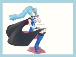 Rule 34 | 1girl, black cape, black choker, blue bodysuit, blue eyes, blue footwear, blue gloves, blue hair, bodysuit, boots, border, cape, choker, clair (pokemon), closed mouth, commentary request, creatures (company), earrings, full body, game freak, gem, gloves, hand up, high heel boots, high heels, highres, jewelry, knee boots, long hair, nintendo, pearl (gemstone), pokemon, pokemon hgss, ponytail, rising147, sitting, solo, two-tone bodysuit
