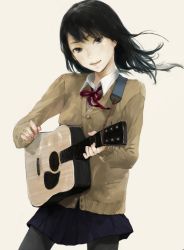 Rule 34 | 1girl, acoustic guitar, bad id, bad pixiv id, black hair, bow, guitar, instrument, nimirom, original, pantyhose, ribbon, school uniform, solo