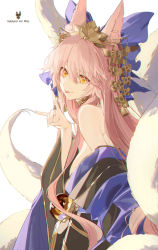 Rule 34 | 1girl, absurdres, animal ear fluff, animal ears, bare shoulders, bell, blue bow, blue kimono, bow, breasts, bsq, character name, cleavage, fate/extra, fate/grand order, fate (series), fox ears, fox girl, fox shadow puppet, fox tail, hair between eyes, hair bow, hair ornament, hairpin, highres, japanese clothes, jewelry, kimono, large breasts, long hair, long sleeves, looking at viewer, multiple tails, neck ring, obi, off shoulder, official alternate costume, pink hair, sash, sidelocks, smile, solo, tail, tamamo (fate), tamamo no mae (fate/extra), tamamo no mae (third ascension) (fate), tongue, tongue out, very long hair, wide sleeves, yellow eyes