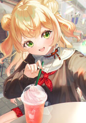 Rule 34 | 1girl, :d, blonde hair, cup, disposable cup, double bun, drinking straw, green eyes, hair bun, highres, hiyorou, holding, holding drinking straw, hololive, long hair, long sleeves, looking at viewer, momosuzu nene, momosuzu nene (casual), neckerchief, open mouth, outdoors, outstretched arm, red neckerchief, selfie, smile, solo, two side up, virtual youtuber