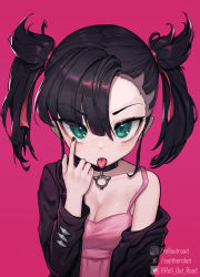 Rule 34 | 1girl, akanbe, aqua eyes, artist name, asymmetrical bangs, asymmetrical hair, black hair, black jacket, black nails, blush, breasts, choker, cleavage, commentary request, creatures (company), dress, earrings, eyelid pull, game freak, hair ribbon, highres, jacket, jewelry, long sleeves, looking at viewer, marnie (pokemon), medium breasts, medium hair, nail polish, nintendo, off-shoulder jacket, off shoulder, open clothes, pink background, pink dress, pokemon, pokemon swsh, red ribbon, ribbon, rolloutroad, simple background, solo, tongue, tongue out, twintails, twitter username