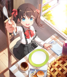 Rule 34 | 1girl, blue eyes, book, bookshelf, bow, brown hair, butter, chair, child, cup, drinking straw, fork, from above, gilse, hair bun, hair ribbon, holding, holding fork, holding spoon, looking at viewer, looking up, menu, off shoulder, open mouth, original, pie, plate, pleated skirt, pudding, ribbon, sitting, skirt, solo, spoon, suspenders, twintails, window