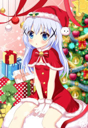 Rule 34 | 1girl, :3, alternate costume, between legs, blue eyes, blue hair, blurry, bow, box, breasts, capelet, chestnut mouth, christmas, christmas lights, christmas ornaments, christmas tree, commentary request, depth of field, dress, fur-trimmed capelet, fur-trimmed dress, fur-trimmed gloves, fur-trimmed headwear, fur trim, gift, gift box, gloves, gochuumon wa usagi desu ka?, hair between eyes, hair ornament, hand between legs, hat, highres, kafuu chino, long hair, looking at viewer, parted lips, polka dot, red bow, red capelet, red dress, red hat, sack, santa costume, santa hat, sitting, small breasts, solid circle eyes, solo, star (symbol), tareme, white gloves, x hair ornament, xiaosamiao