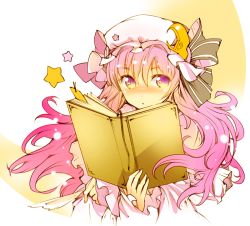Rule 34 | 1girl, blush, book, crescent, crescent hair ornament, hair ornament, hat, hat ribbon, ichizen (o tori), long hair, looking at viewer, mob cap, patchouli knowledge, purple eyes, purple hair, ribbon, solo, star (symbol), touhou, upper body, very long hair