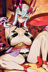 Rule 34 | 1girl, ankle ribbon, breasts, breasts apart, cosplay, cup, eyelashes, fate/grand order, fate (series), highres, horns, ibuki douji (fate), japanese clothes, kimono, large breasts, leg ribbon, monkey jon, multiple horns, oni, open clothes, open kimono, pink horns, pointy ears, purple kimono, revealing clothes, ribbon, sakazuki, shuten douji (fate), shuten douji (fate) (cosplay), skin-covered horns, smile, solo, thighs
