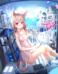 Rule 34 | 1girl, :o, absurdres, ahoge, animal ears, antique phone, b rock, bad id, bad pixiv id, balcony, bare arms, blonde hair, blue sky, blush, book, breasts, building, chess piece, cloud, commentary, commission, day, dress, english commentary, feet out of frame, fence, flower, glass table, highres, horizon, knees up, long hair, looking at viewer, low twintails, mole, mole under mouth, ocean, open book, open mouth, original, petals, phone, pink eyes, pink flower, pink rose, rose, rotary phone, sitting, sky, sleeveless, sleeveless dress, small breasts, solo, sunlight, table, tail, tears, twintails, vase, water, white dress