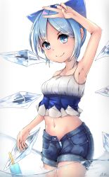 Rule 34 | 1girl, absurdres, alternate costume, arm above head, armpits, bare shoulders, blue eyes, blue hair, blue ribbon, cirno, contemporary, crop top, food, hair ribbon, highres, hiyashi mikan, ice, ice wings, midriff, navel, panties, panty peek, partially submerged, popsicle, ribbon, short hair, short shorts, shorts, smile, solo, striped clothes, striped panties, touhou, unbuttoned, underwear, unzipped, v, wading, water, white background, wings