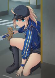 Rule 34 | 1girl, ahoge, artoria pendragon (fate), baseball cap, black footwear, black hat, black shorts, blonde hair, blue eyes, blue jacket, blue scarf, boots, breasts, closed mouth, commentary request, cross-laced footwear, cross (crossryou), excalibur (fate/stay night), fate/grand order, fate (series), from side, full body, hair between eyes, hat, highres, holding, holding sword, holding weapon, jacket, knee boots, lace-up boots, long hair, long sleeves, looking at viewer, mysterious heroine x (fate), on one knee, pillar, ponytail, scarf, short shorts, shorts, sidelocks, solo, sword, track jacket, weapon