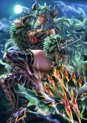 Rule 34 | 1girl, armor, bare shoulders, bow (weapon), breasts, cleavage, closed mouth, electricity, feathers, full moon, greaves, green hair, groza (shironeko project), hair between eyes, holding, holding bow (weapon), holding weapon, horns, kaopon, lace, lace-trimmed legwear, lace trim, large breasts, long hair, looking at viewer, moon, night, shironeko project, smile, solo, thighhighs, very long hair, wavy hair, weapon, yellow eyes