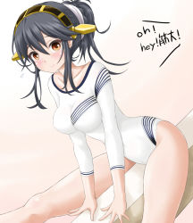 Rule 34 | 1girl, alternate costume, alternate hairstyle, black hair, blush, braid, breasts, closed mouth, embarrassed, english text, french braid, gradient background, gymnastics, hair between eyes, haruna (kancolle), headgear, jack (slaintheva), kantai collection, large breasts, leotard, long hair, long sleeves, looking at viewer, red eyes, sitting, smile, solo, spread legs