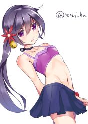 Rule 34 | 10s, 1girl, akebono (kancolle), bell, black hair, crop top, flower, hair bell, hair flower, hair ornament, henet hene, jingle bell, kantai collection, long hair, looking at viewer, midriff, navel, open mouth, purple eyes, side ponytail, simple background, skirt, solo, swimsuit, very long hair