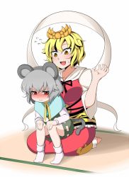 Rule 34 | 2girls, animal ears, animal print, black hair, blonde hair, blush, capelet, commentary request, dress, fang, flying sweatdrops, gem, grey dress, grey hair, hair ornament, jewelry, long sleeves, mouse ears, mouse tail, multicolored hair, multiple girls, nazrin, necklace, open mouth, pendant, red dress, red eyes, rinmei, shawl, sitting, sitting on lap, sitting on person, smile, tail, tiger print, toramaru shou, touhou, two-tone hair, yellow eyes, yuri