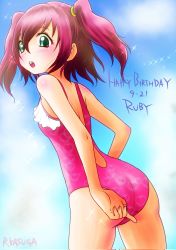 Rule 34 | 1girl, aqua eyes, artist name, artist request, bare shoulders, blue sky, blush, breasts, cloud, collarbone, day, female focus, floating hair, from behind, green eyes, hair between eyes, heart, heart print, highres, kurosawa ruby, looking at viewer, looking back, love live!, love live! sunshine!!, nail, nail polish, outdoors, parted lips, pink nails, pink nails, pink one-piece swimsuit, red hair, short hair, sideboob, sky, smile, solo, sparkle, swimsuit, twintails, two side up