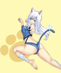 Rule 34 | 1girl, ass, back cutout, barefoot, blue eyes, blue leotard, blue one-piece swimsuit, breasts, butt crack, cat tail, catria (fire emblem), clothing cutout, detached sleeves, eden&#039;s zero, facial mark, fake tail, fire emblem, from behind, glowing veins, hair between eyes, highres, jumping, knee up, kneepits, large breasts, leg tattoo, leotard, long hair, looking at viewer, looking back, mashima hiro, nintendo, one-piece swimsuit, paw pose, paw print, paw print background, rebecca bluegarden, shiny skin, smile, solo, straight hair, swimsuit, tail, tattoo, thick thighs, thighs, whisker markings, white hair, yellow background