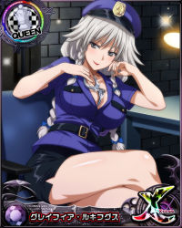 Rule 34 | 1girl, belt, between breasts, black skirt, blue bow, bow, braid, breasts, card (medium), chair, chess piece, cuffs, desk, desk lamp, female focus, grayfia lucifuge, grey eyes, grey hair, hair bow, handcuffs, high school dxd, lamp, large breasts, long hair, looking at viewer, matching hair/eyes, mature female, official art, pencil skirt, police, police uniform, queen (chess), red lips, sitting, skirt, smile, solo, twin braids, uniform