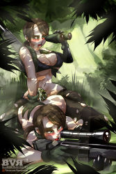 Rule 34 | 2girls, aiming, ass, ass grab, asymmetrical gloves, bikini, binoculars, blueversusred, blush, breasts, brown hair, cleavage, deep skin, dildo, dual persona, eyeshadow, front-tie bikini top, front-tie top, gloves, grabbing another&#039;s ass, green eyes, groping, gun, heavy breathing, imminent penetration, large breasts, lying, makeup, metal gear (series), metal gear solid v: the phantom pain, midriff, mismatched gloves, multiple girls, navel, no panties, on stomach, pantyhose, ponytail, pussy juice, quiet (metal gear), rifle, scope, selfcest, sex toy, sniper rifle, strap-on, swimsuit, underboob, weapon, yuri