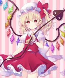 Rule 34 | 1girl, blonde hair, blush, bow, closed mouth, cowboy shot, crystal, flandre scarlet, frilled shirt collar, frilled skirt, frilled sleeves, frills, hat, hat bow, highres, laevatein, looking at viewer, mob cap, puffy short sleeves, puffy sleeves, red bow, red eyes, red skirt, red vest, shirt, short sleeves, side ponytail, skirt, skirt set, smile, solo, touhou, vest, white shirt, wings, wrist cuffs, yuma (mron 322)