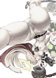 Rule 34 | 1girl, ankh, ass, belt, belt skirt, bodysuit, breasts, chain, female focus, gloves, guilty gear, halo, highres, jack-o&#039; valentine, mask, multicolored hair, pantylines, red eyes, red hair, thighs, two-tone hair, white background, white hair, yonuishi