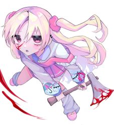 Rule 34 | 1girl, axe, bandaged leg, bandages, blonde hair, blood, blood on axe, blood on face, collared shirt, commentary, dress, frilled shirt collar, frills, from above, hair ornament, hair scrunchie, holding, holding axe, leg warmers, long hair, long sleeves, looking at viewer, lower teeth only, open mouth, original, pink dress, pink eyes, pink footwear, pink scrunchie, scrunchie, shirt, shizumu (shi zumu), short dress, solo, symbol-only commentary, teeth, twintails, white background, white leg warmers, white shirt