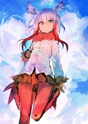 Rule 34 | 10s, 1girl, absurdres, bird wings, cloud, feather-trimmed sleeves, fur collar, fur trim, gloves, head wings, highres, jacket, japanese crested ibis (kemono friends), kaamin (mariarose753), kemono friends, leg up, long hair, looking at viewer, multicolored hair, pantyhose, pleated skirt, red gloves, red hair, red pantyhose, red skirt, sidelocks, skirt, sky, solo, two-tone hair, white hair, white jacket, wings, yellow eyes