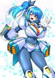 Rule 34 | 1girl, absurdres, android, armor, blue eyes, blue hair, blush, bodysuit, breasts, headphones, highres, holding, large breasts, long hair, looking at viewer, mega man x (series), mega man x dive, navigator, open mouth, rico (mega man), ryoi, short hair, shorts, side ponytail, smile, solo