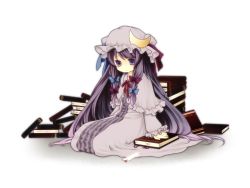 Rule 34 | 1girl, bad id, bad pixiv id, book, bookmark, crescent, crescent hair ornament, eruga, eruga (nano123), expressionless, hair ornament, hat, looking at viewer, mob cap, patchouli knowledge, purple eyes, purple hair, sitting, solo, touhou, transparent background